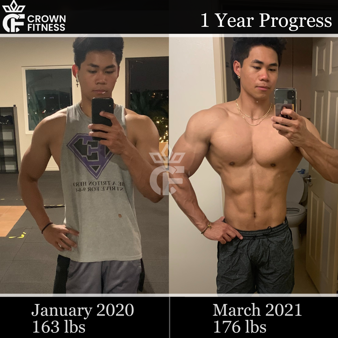Client gained 13 lbs of muscle in 1 year with Crown Fitness