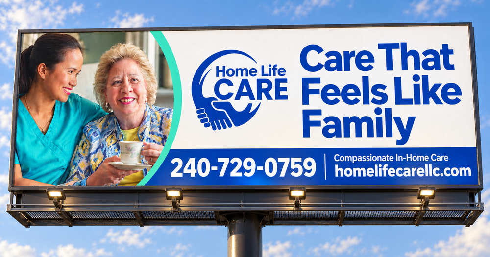 Home Life CARE billboard design presented alongside its coordinated print advertisement