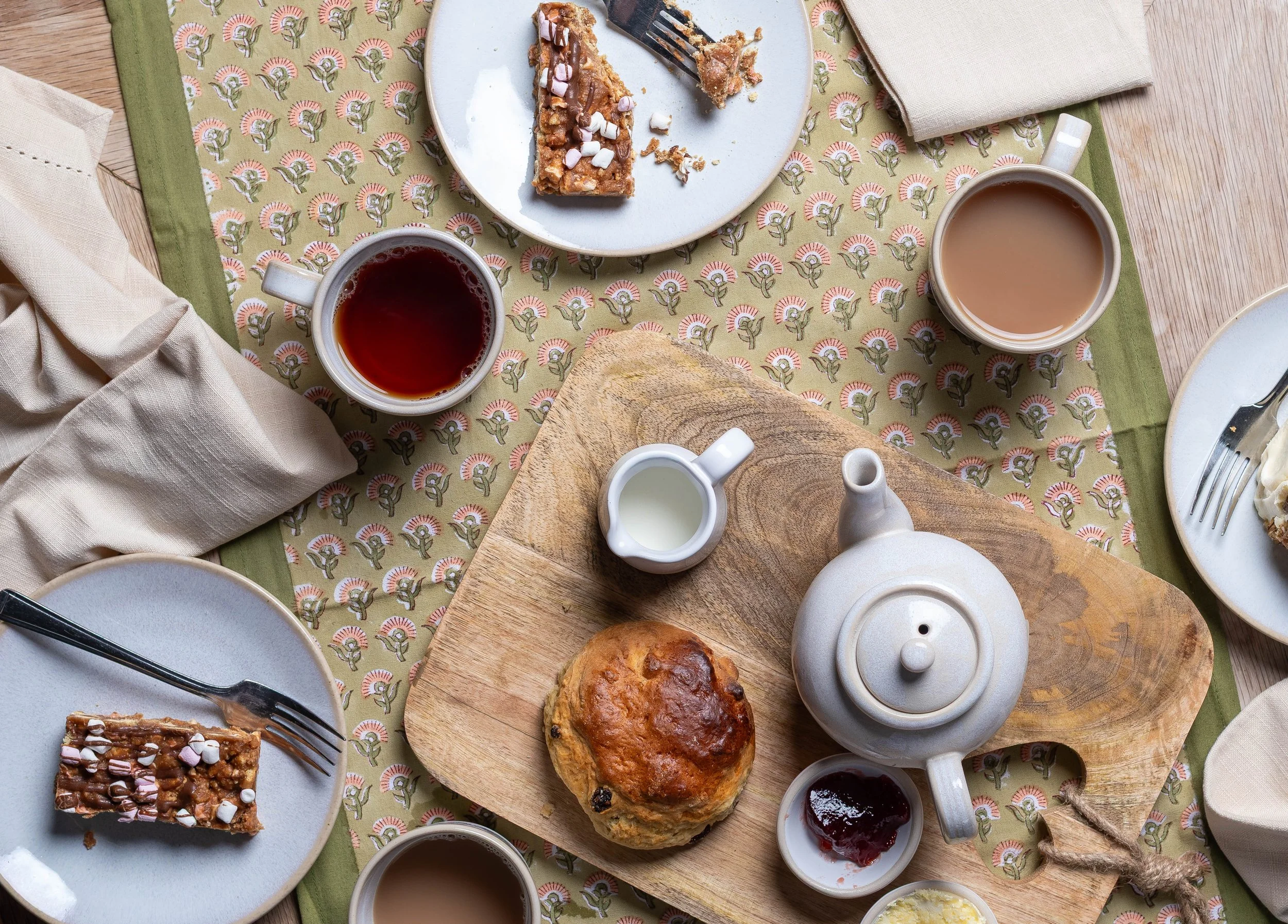 Afternoon tea and cakes shot from above at The Kiln Café Grayshott Pottery