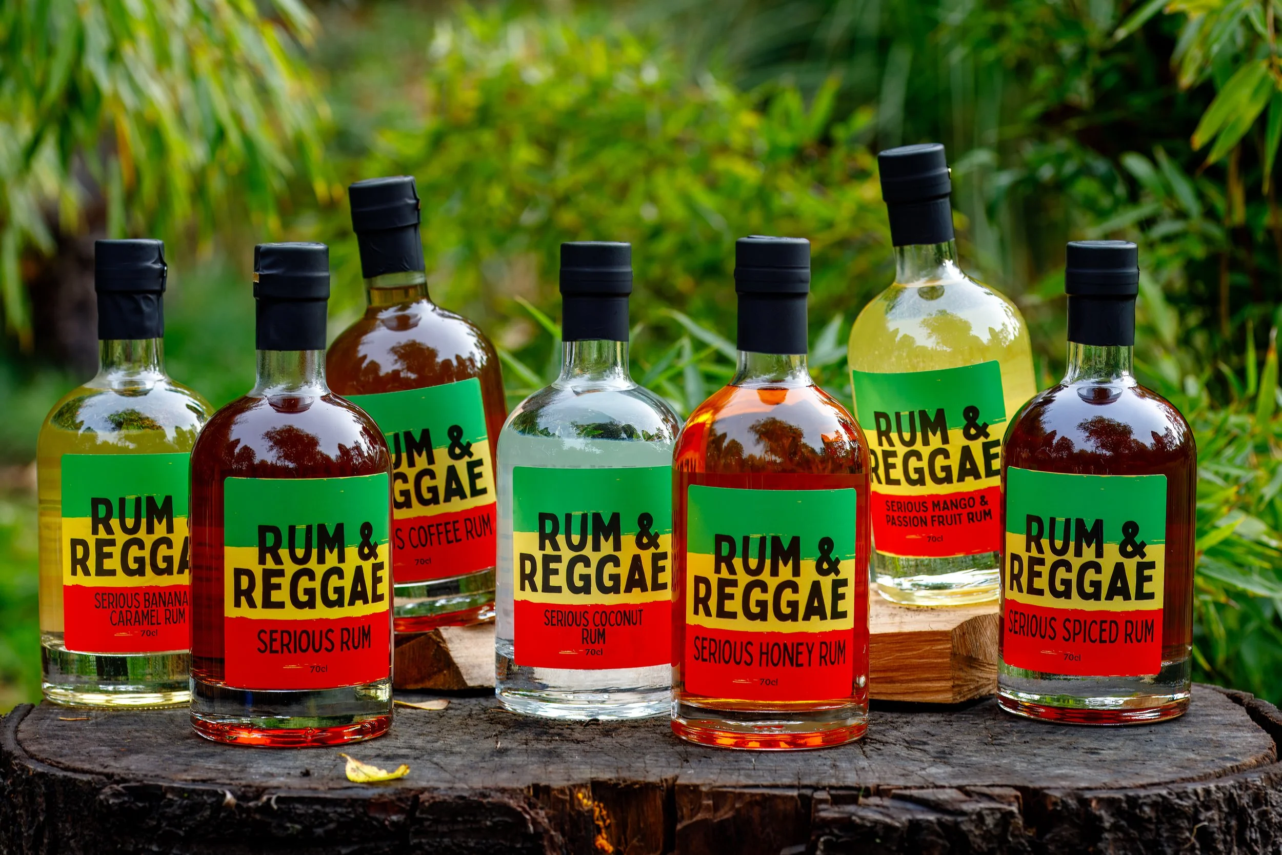 Outdoor product shot of full range of Rum & Reggae Serious Rum from Rum Barn