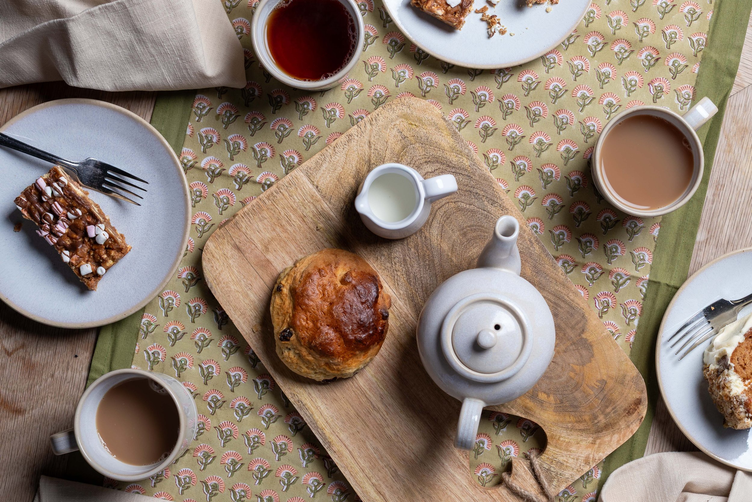 Afternoon tea and cakes shot from above at The Kiln Café located in Grayshott Pottery