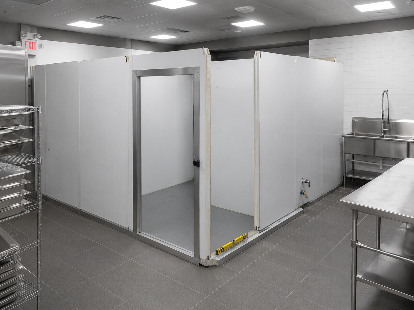 Cam lock walk-in freezer assembled from insulated panels in a GTA commercial kitchen