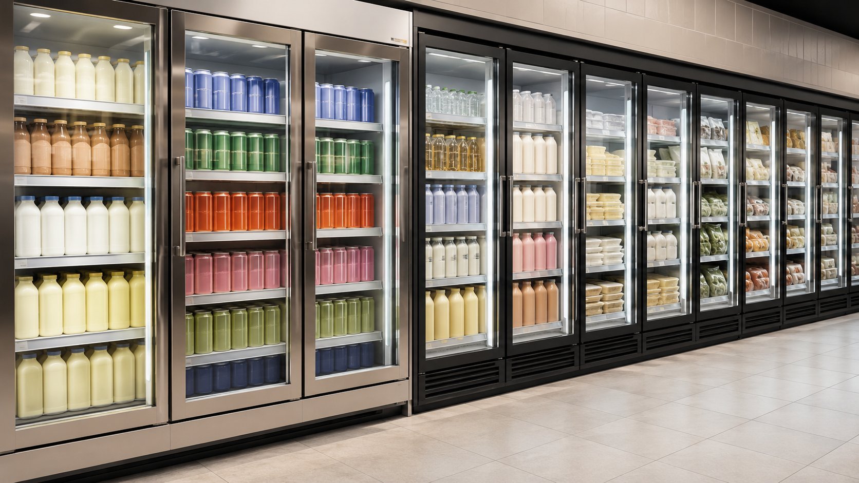 Glass door display coolers in a retail store