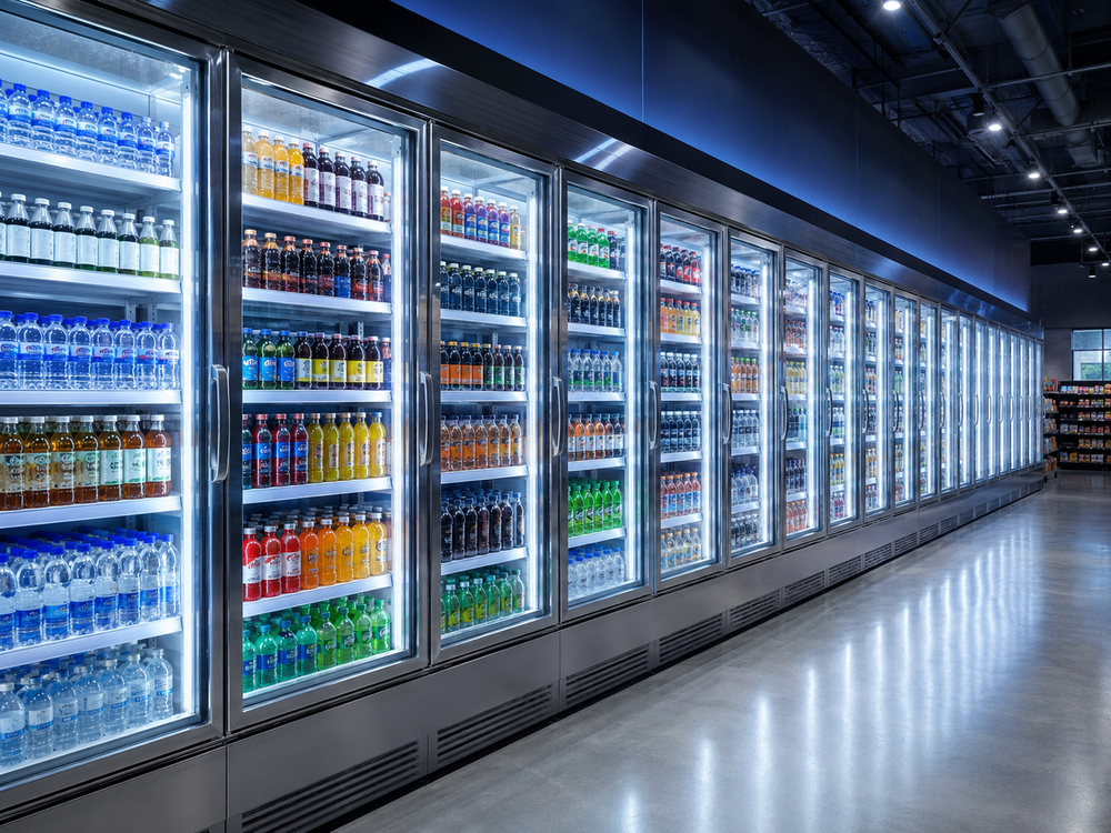 Glass-door commercial display coolers installed by Titan in Toronto