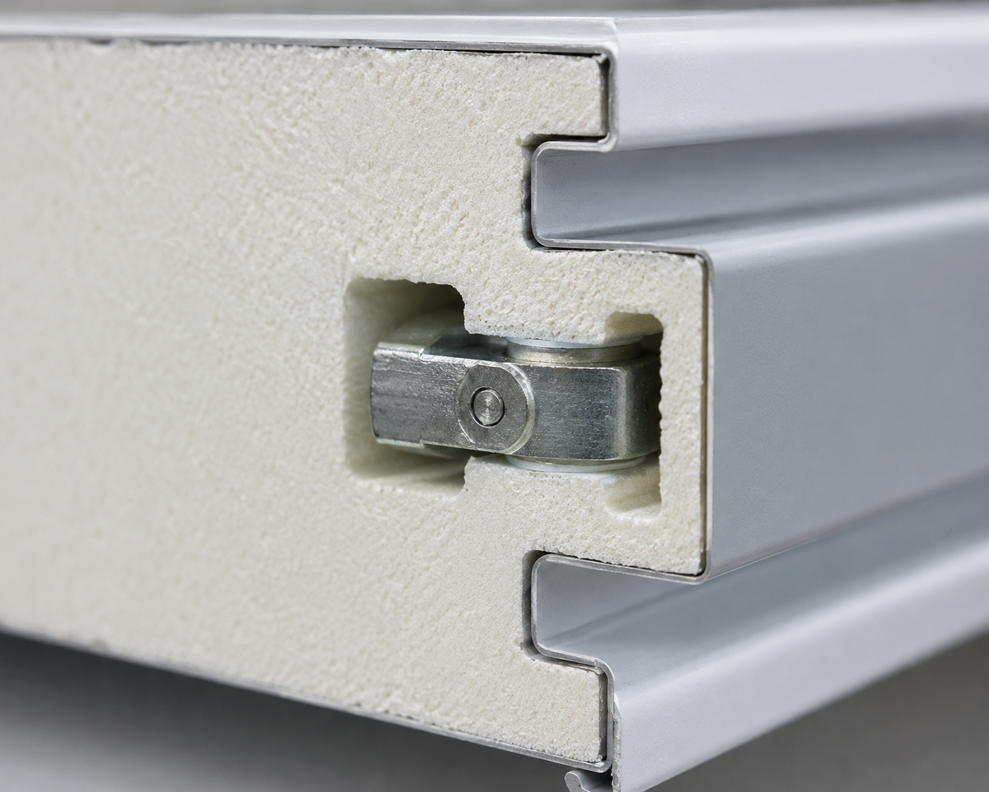 Close-up of cam lock fastener and tongue-and-groove edge on an insulated cold room panel
