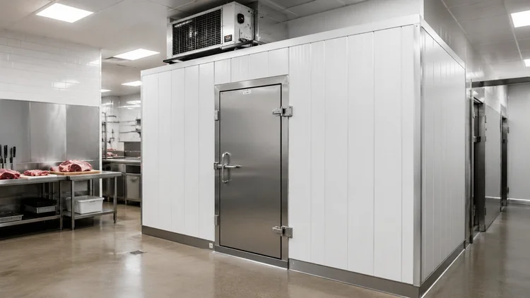 Walk-in cooler installed in a commercial kitchen in a meat-cooler project
