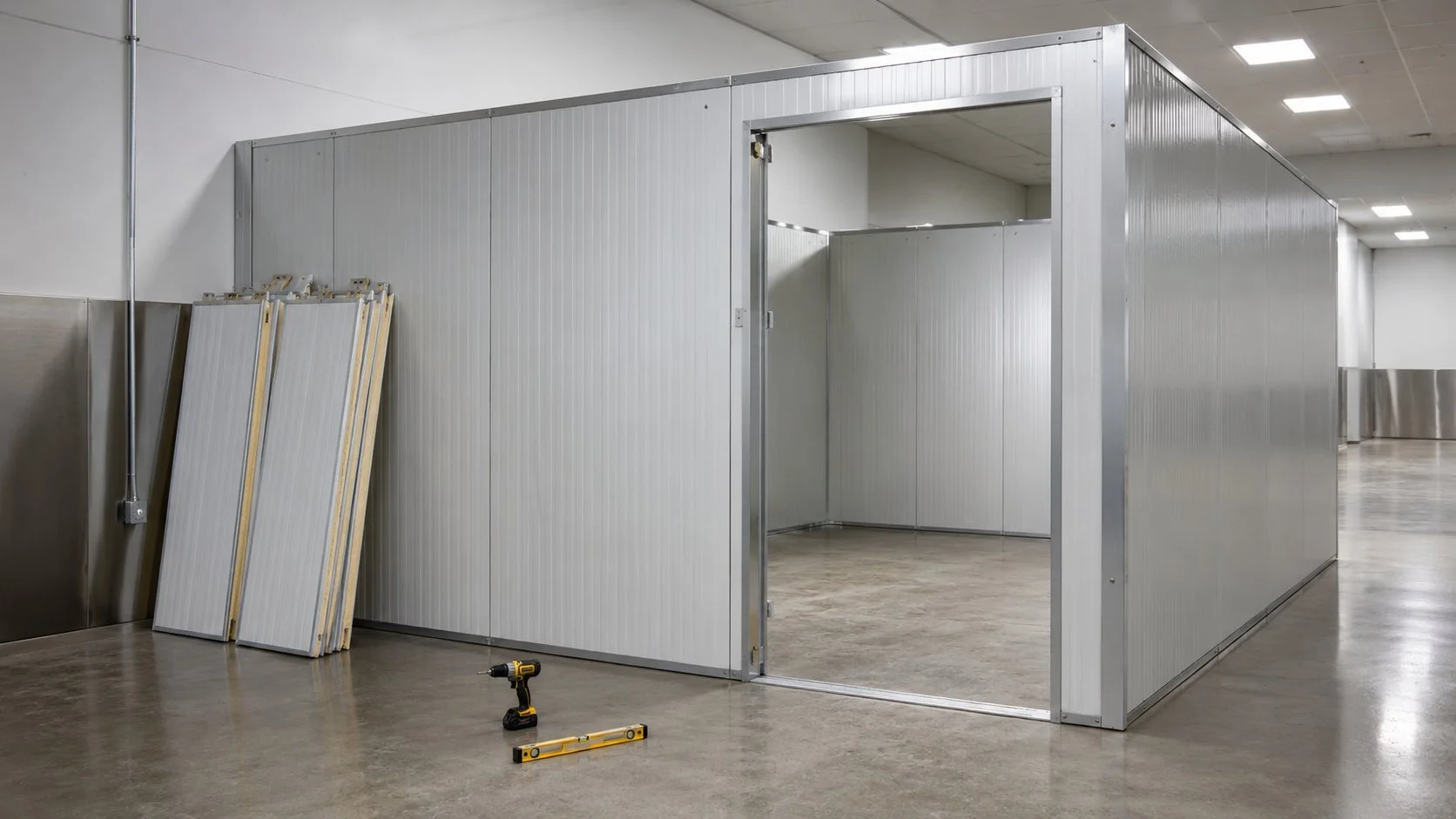 Walk-in cooler being built and installed