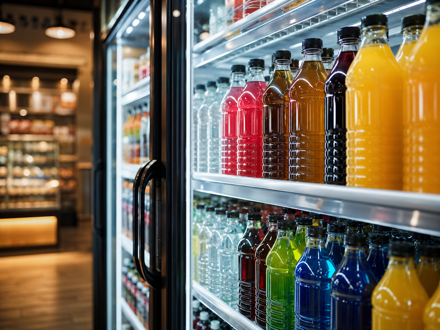 Stocked glass door beverage cooler in a GTA convenience store