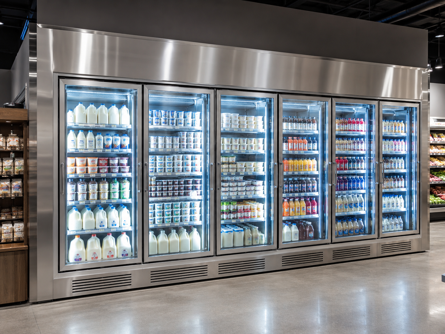 Glass door display cooler wall installation in a Toronto grocery store