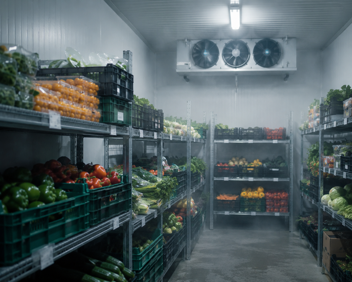 Temperature-controlled storage room stocked with palletized food products