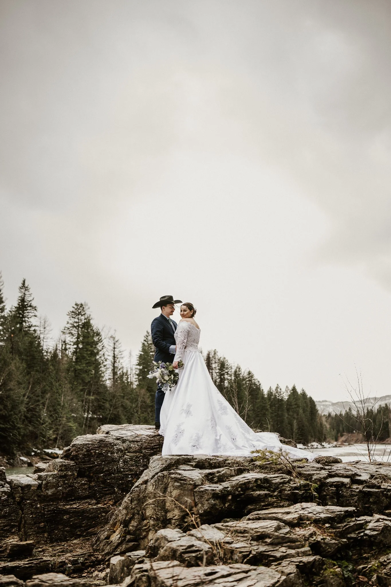 Ian and Rachel on Belton Stage Bridge, laughing, West Glacier, Montana