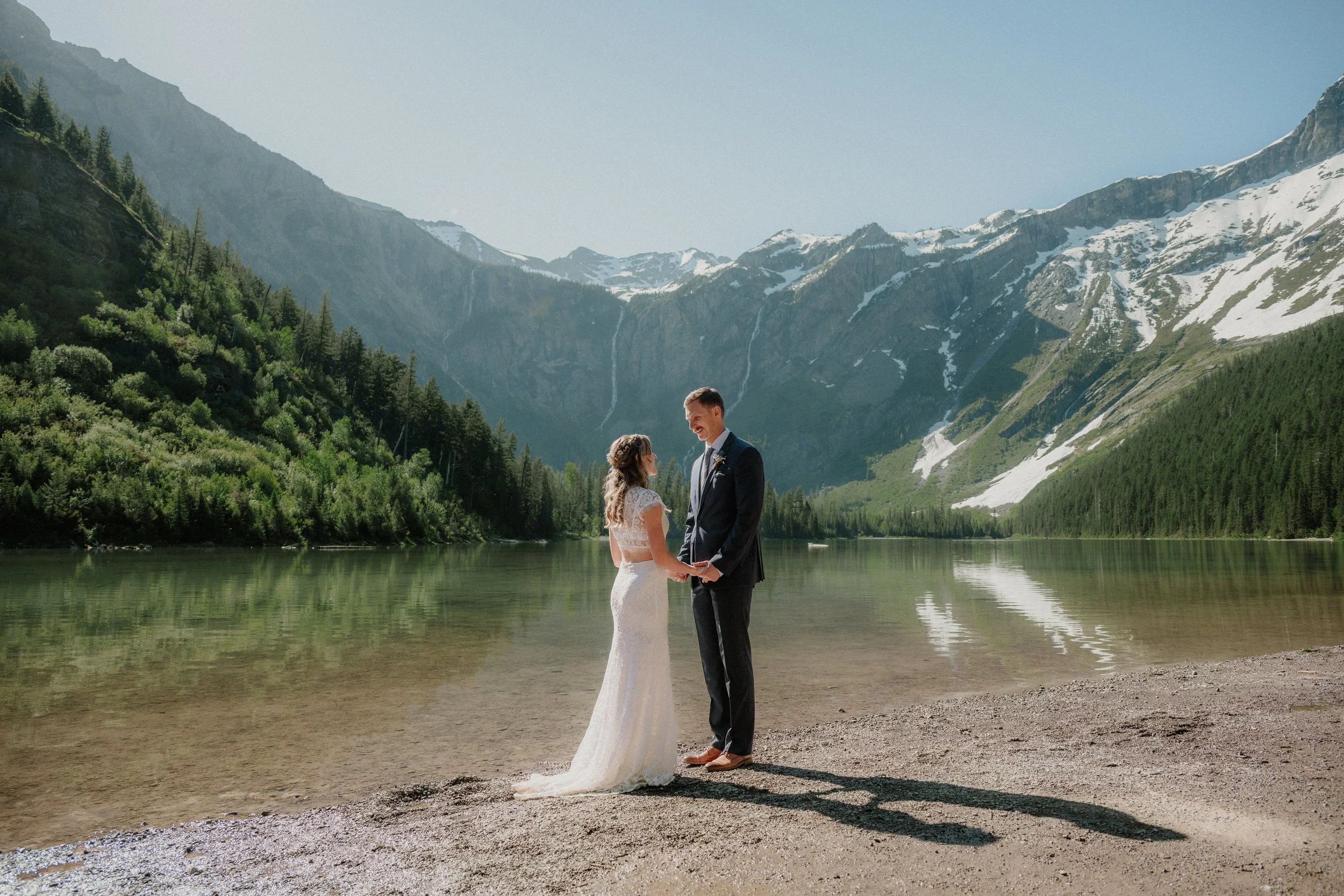 Bride and groom on the Avalanche Lake trail in Glacier National Park
