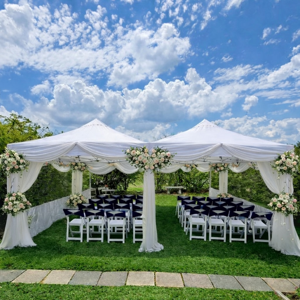 Two 6 by 3 metre white gazebos joined together