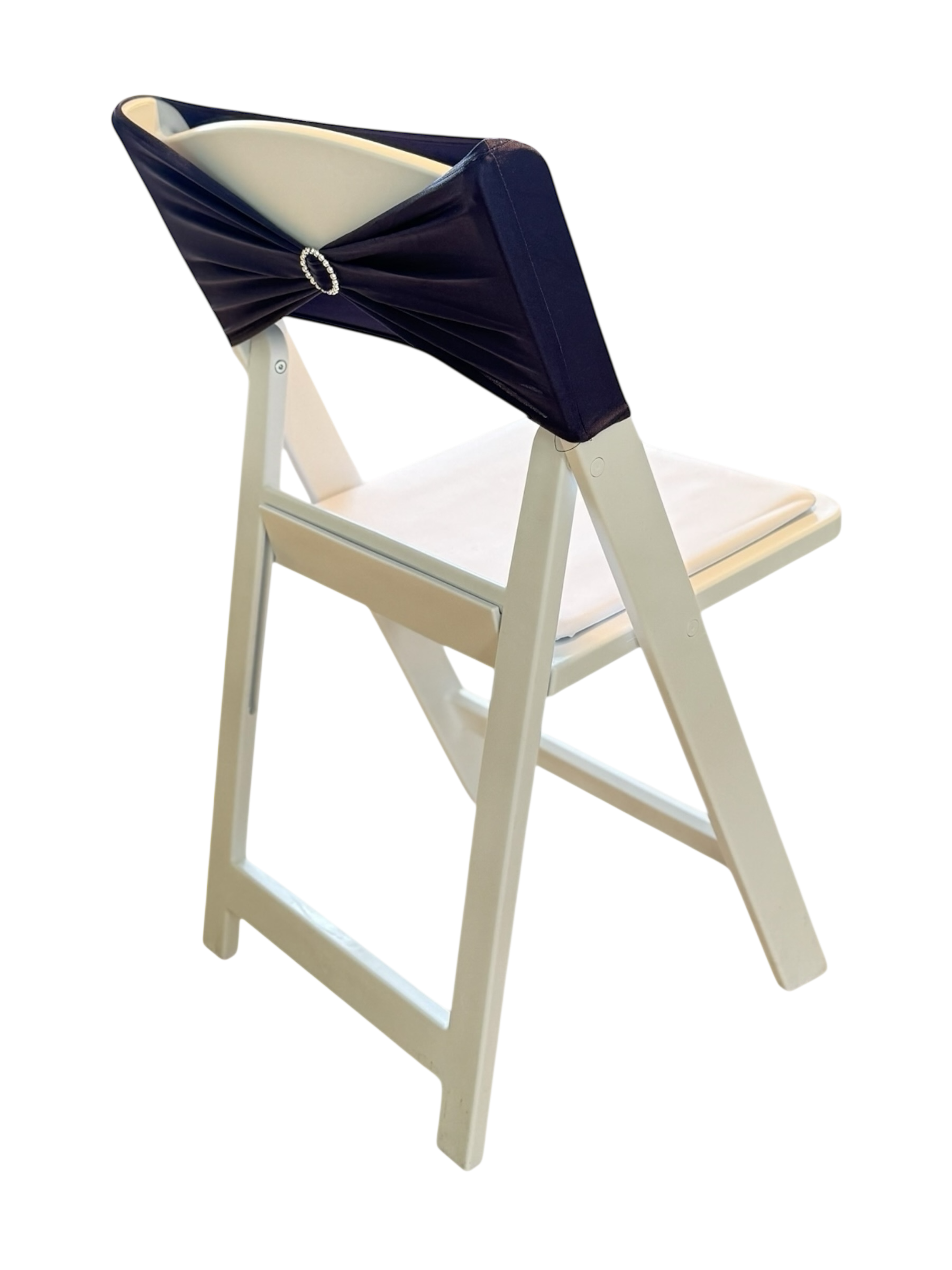White padded ceremony chair with navy blue sash