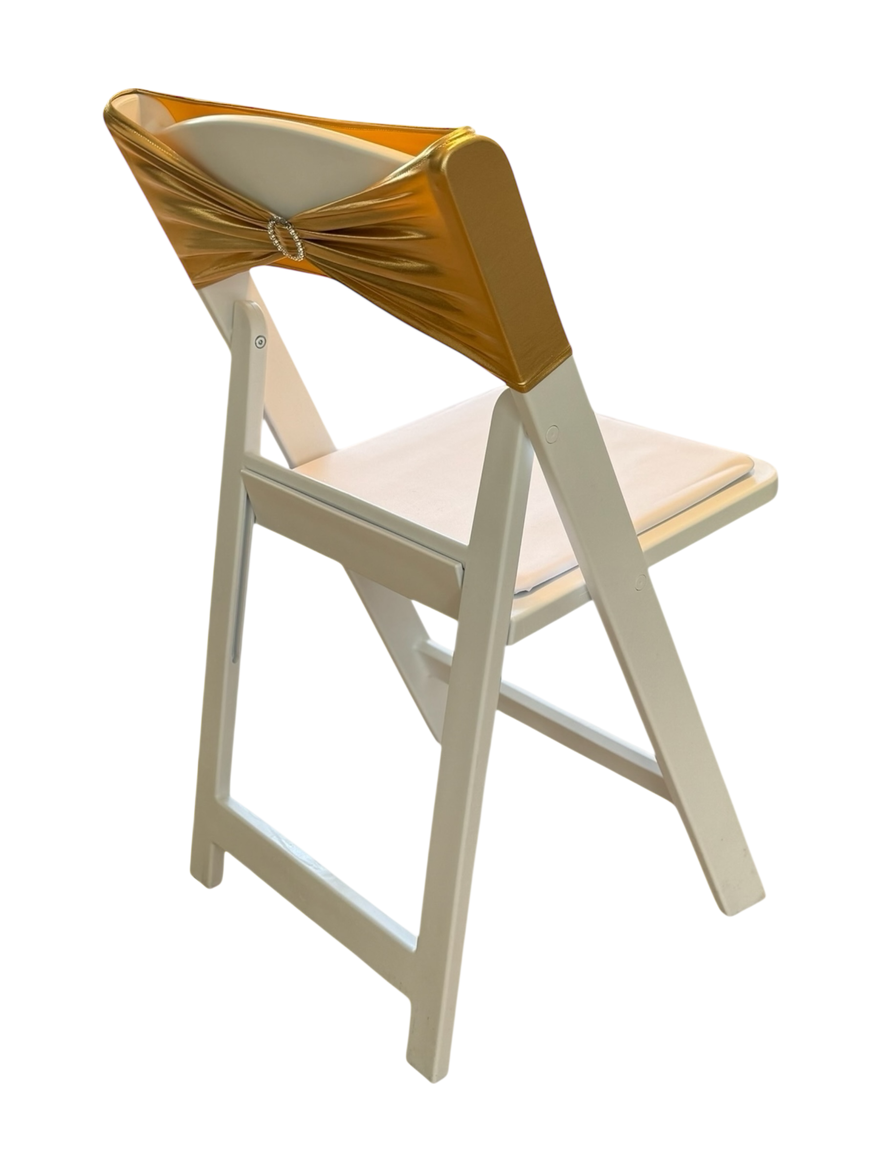 White padded ceremony chair with metallic gold sash