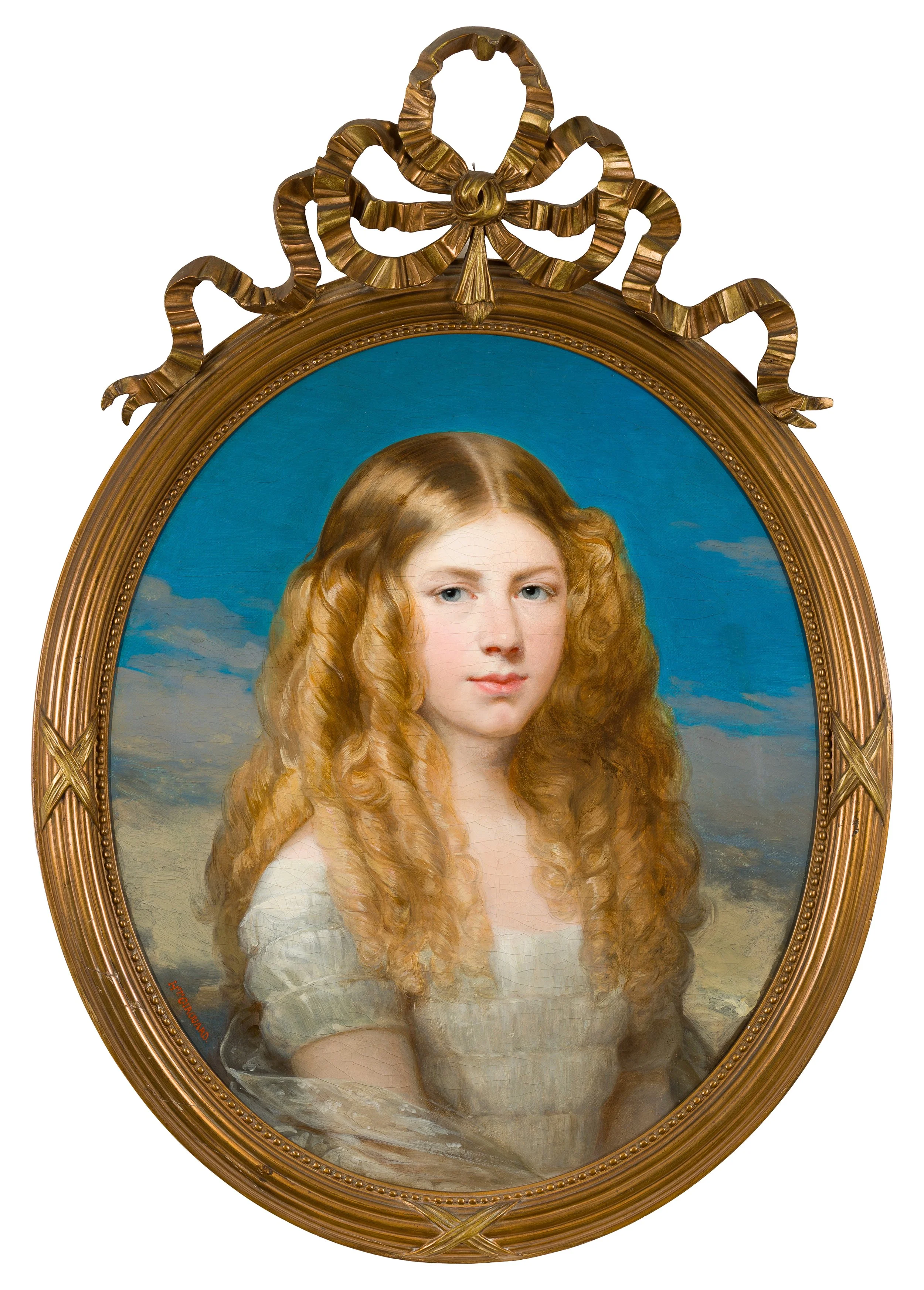 Oval portrait painting in a carved bow frame
