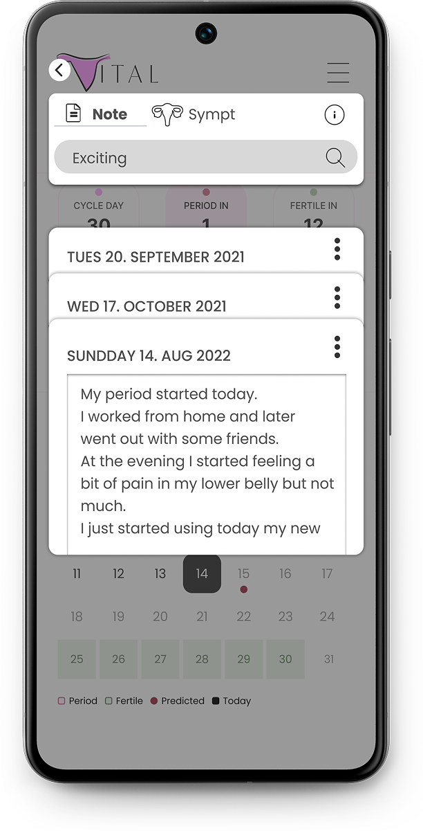 Vital — Dashboard home screen with cycle data and calendar