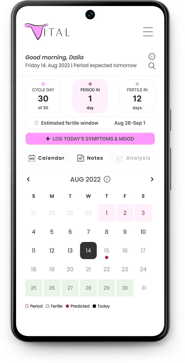 Vital — Calendar screen with date selection and confirm action