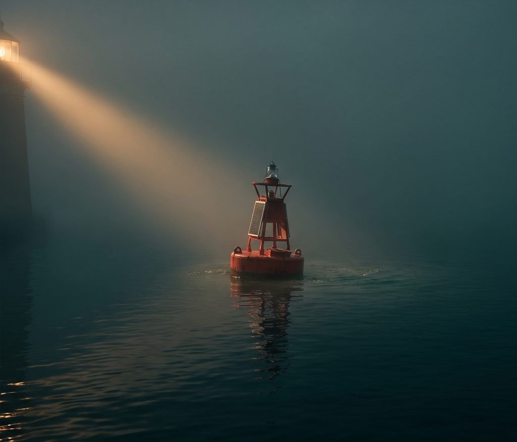 A red navigation buoy on dark water, lit by one beam