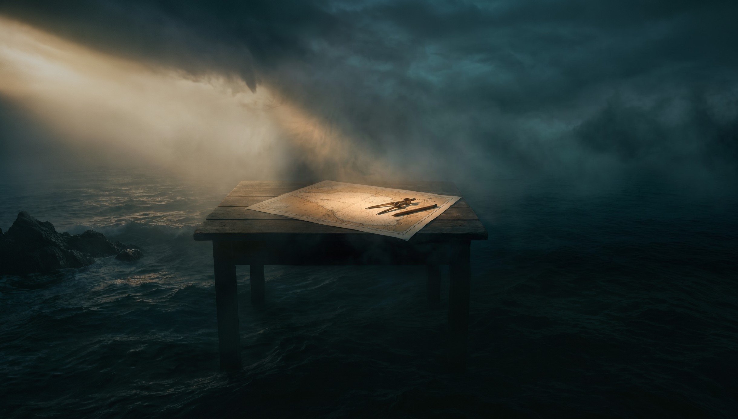 A nautical chart on a dark table, lit by one beam