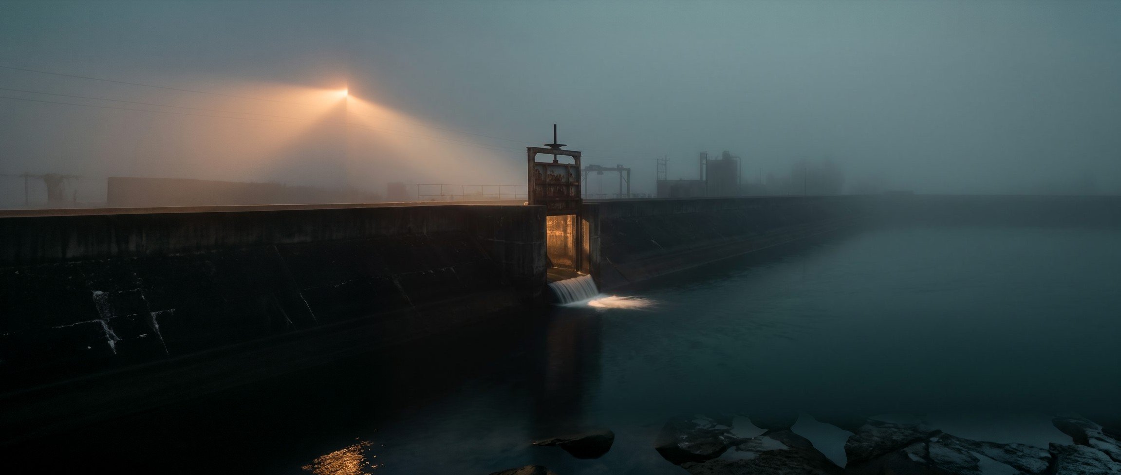 A sluice gate feeding a dark reservoir, lit by one beam