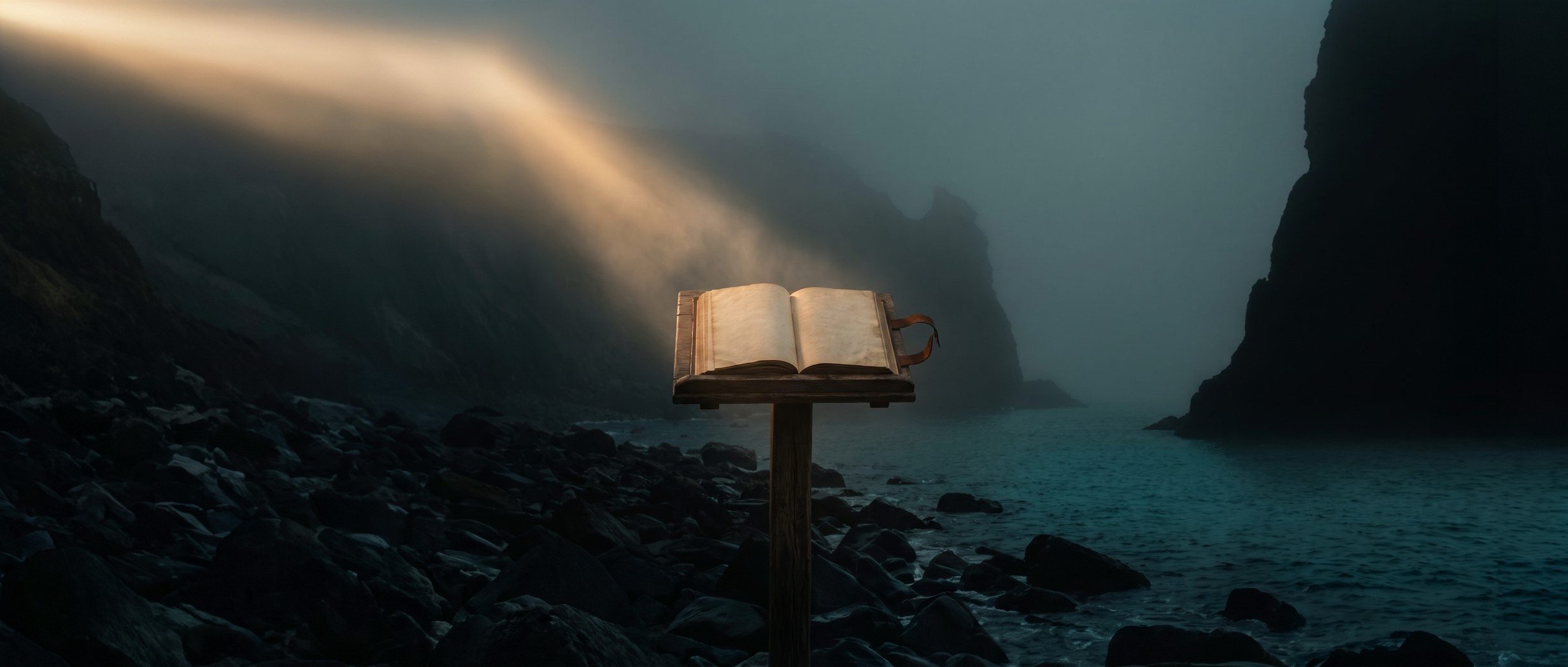 An open rulebook on a lectern on a dark shore, lit by one beam