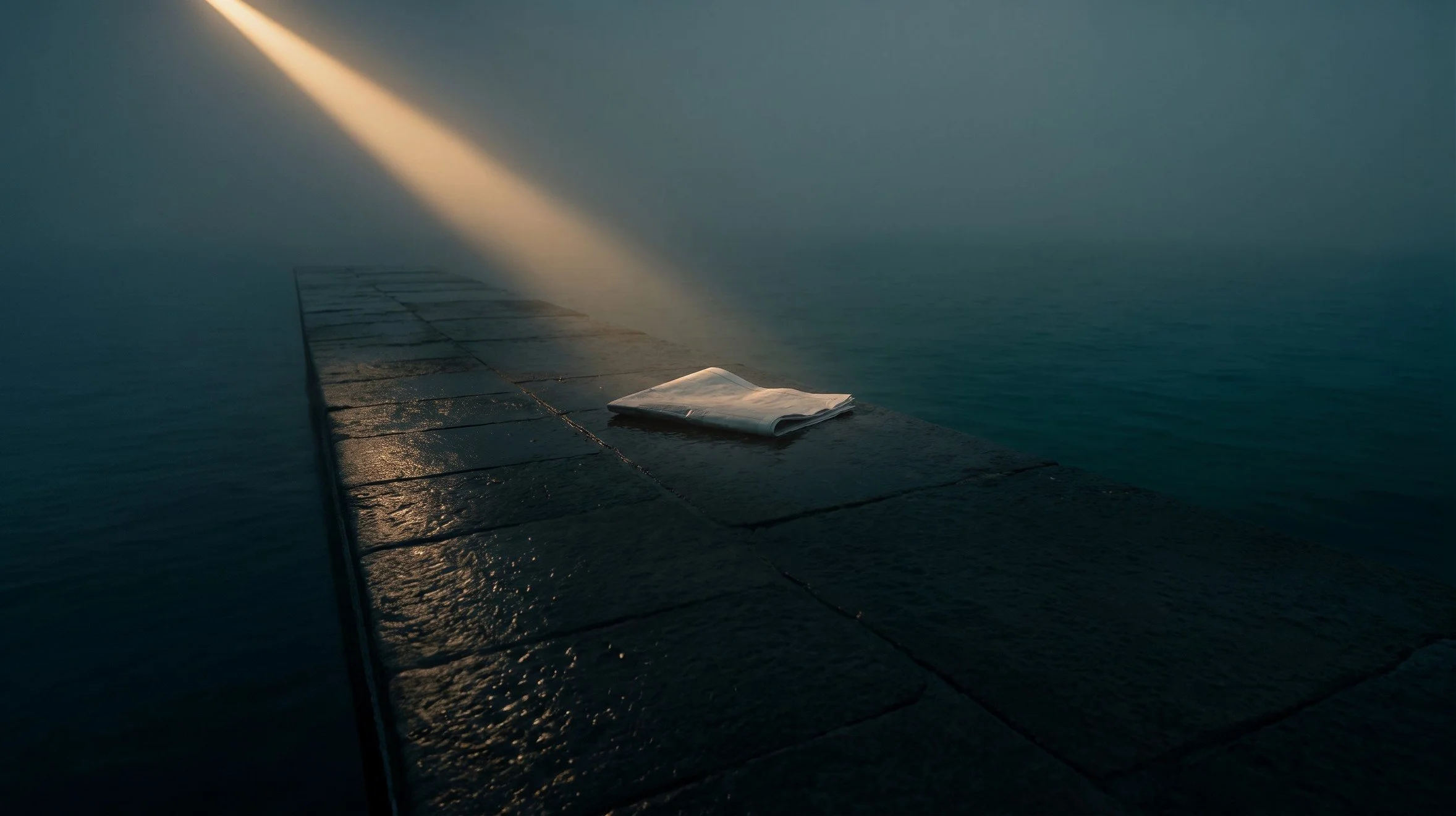 A folded newspaper on a dark quay, lit by one beam of light