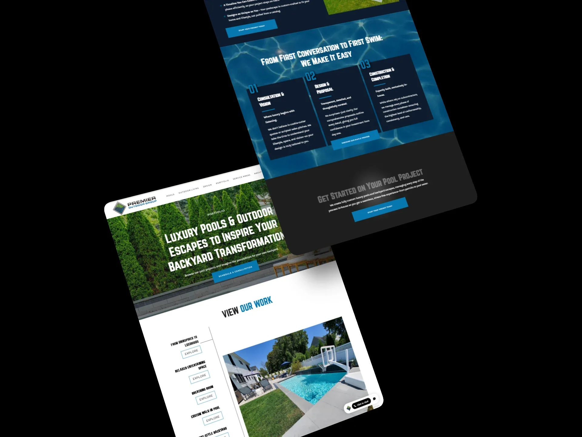 Close-up preview of pool and outdoor living pages from the Premier Outdoor Group website