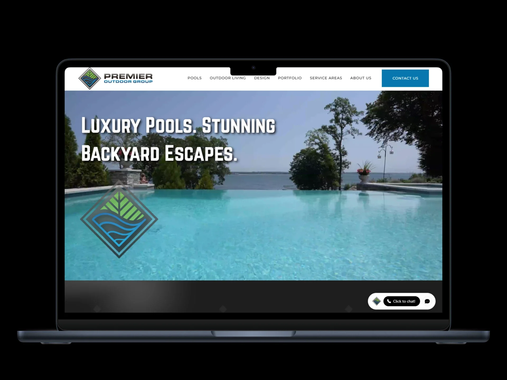 Premier Outdoor Group website shown on a laptop mockup — case study on multi-market demand strategy for a pool and outdoor living company