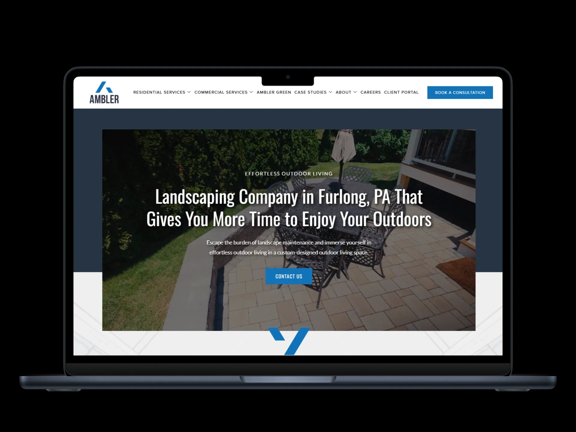 Ambler Landscaping website shown on a laptop mockup — case study on search visibility and demand capture for a Pennsylvania landscape company