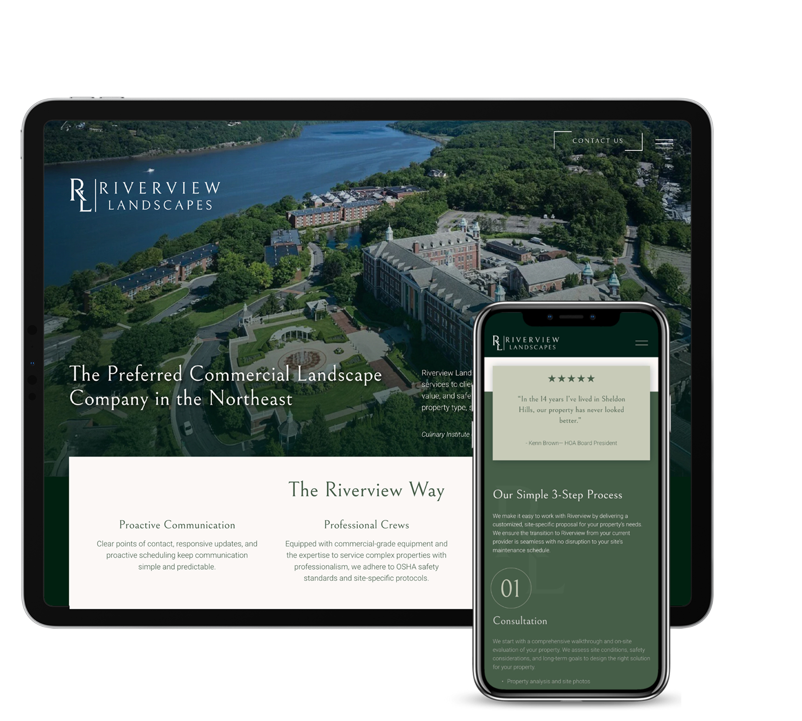 Riverview Landscapes multi-location site shown on tablet and phone mockups — case study on unified brand strategy