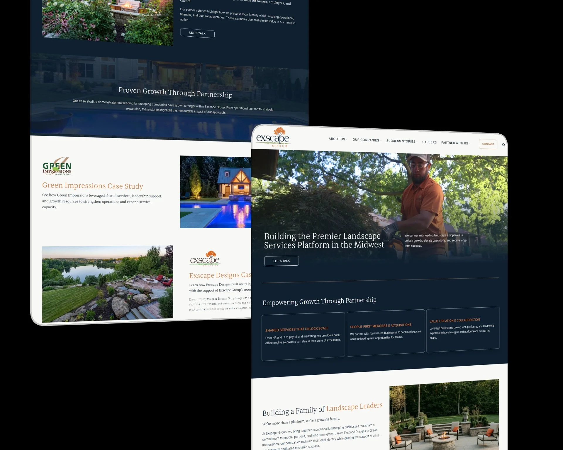 Overlapping browser and tablet views of multiple Exscape Group website pages, including the homepage and a case study page