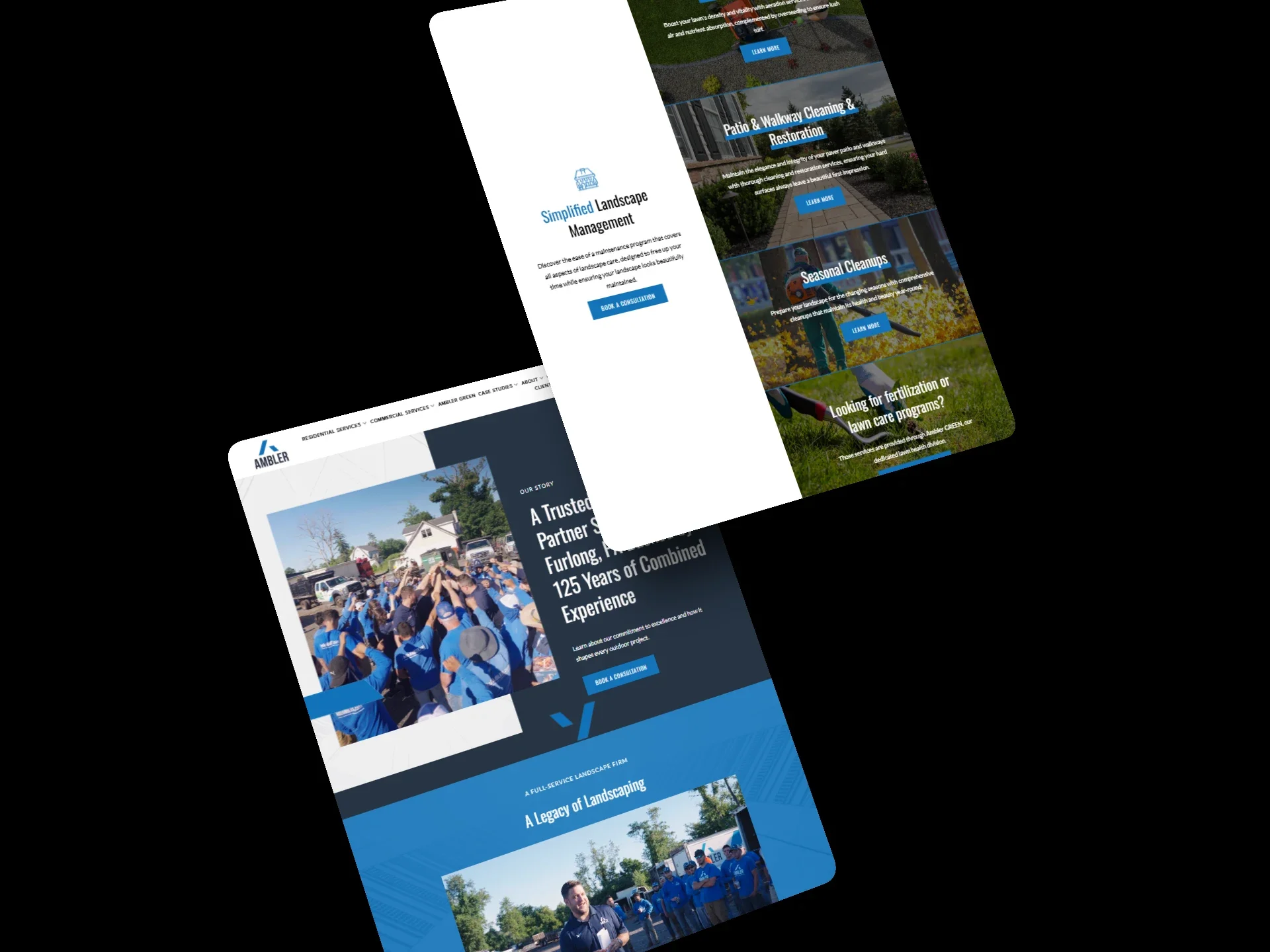 Close-up preview of interior pages from the Ambler Landscaping website redesign