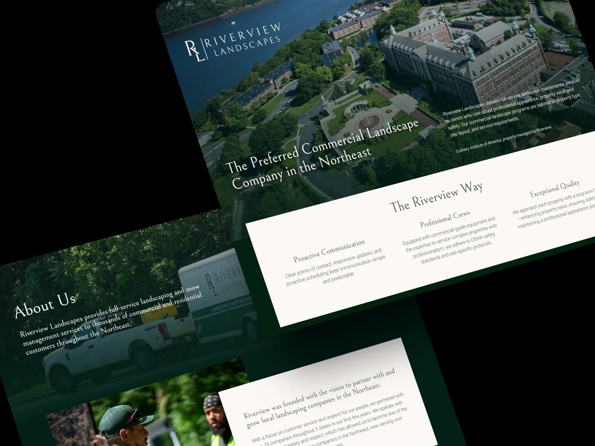 Close-up angled preview of multiple Riverview Landscapes website pages