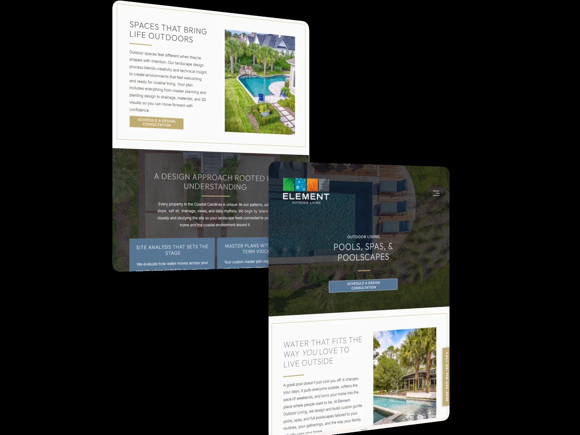 Close-up preview of project and service pages from the Element Outdoor Living website