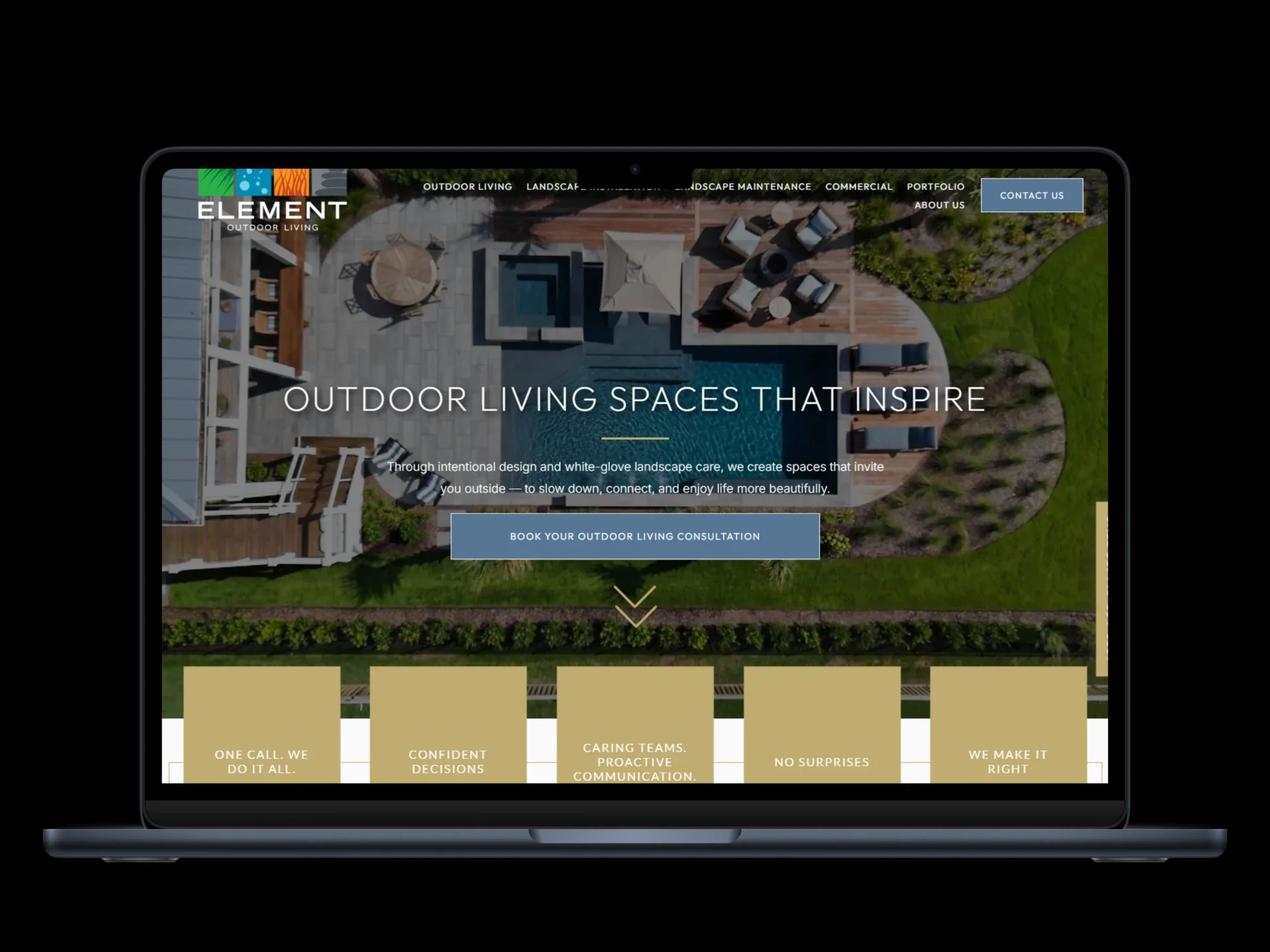 Element Outdoor Living website shown on a laptop mockup — case study on building a connected demand system for a luxury outdoor living builder
