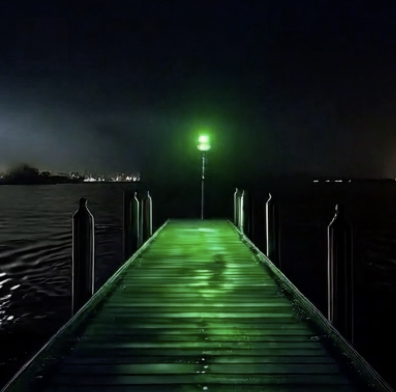 A single green light glowing at the end of a dock at night.