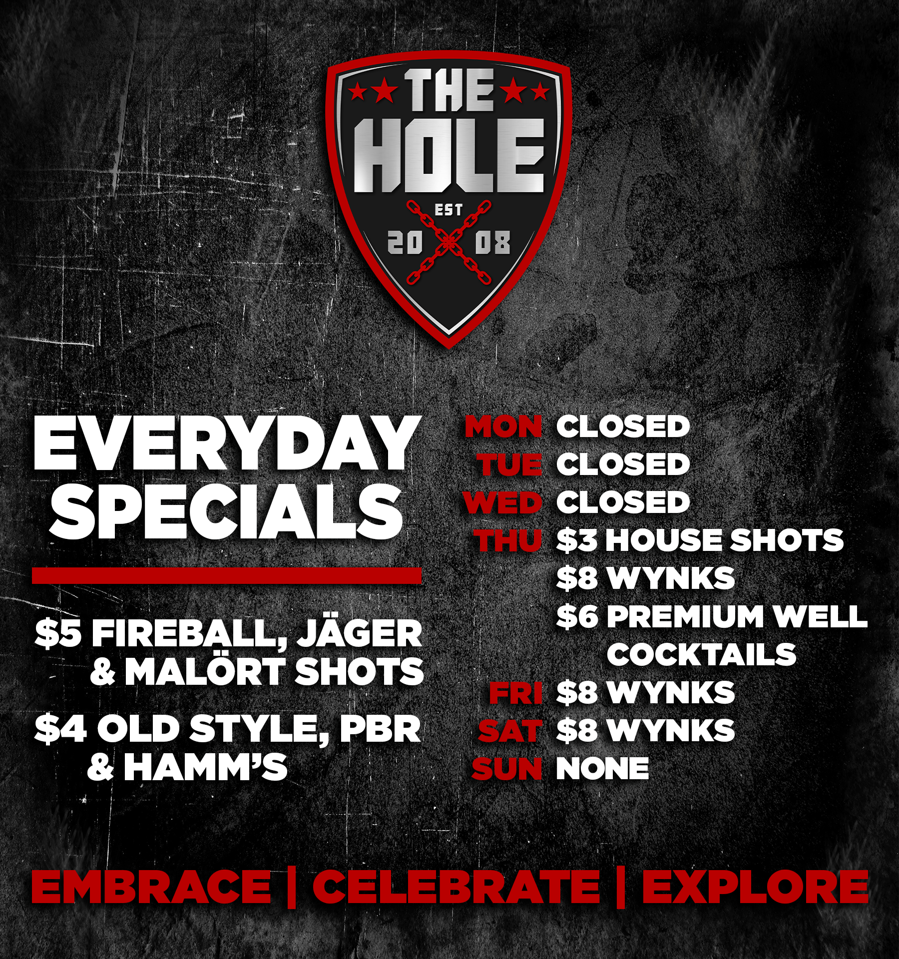 The Hole Chicago current weekly specials graphic