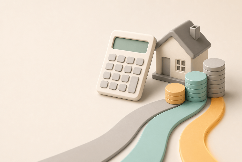 Illustration of a calculator and a house, with a sale price splitting into three streams: the outstanding loan, the CPF refund, and cash in hand