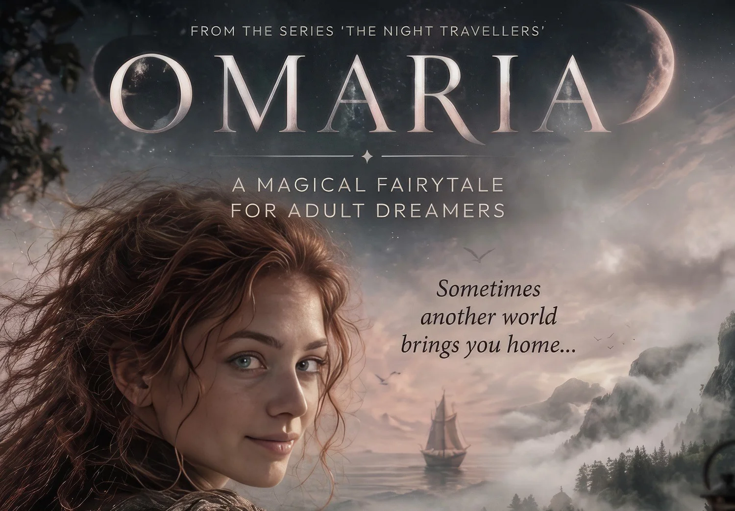 Poster for Omaria: Sinne, with a sailing ship among the clouds behind her