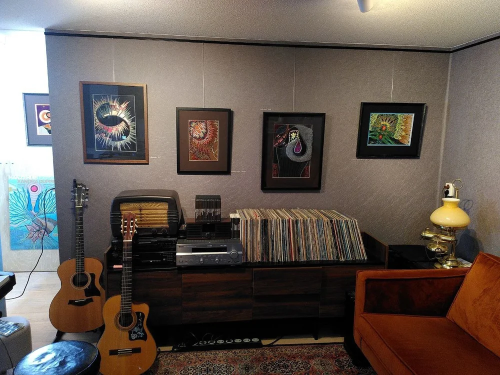 De muziekhoek van Hanzehuis Gallery: gitaren, een oude radio en platen onder vier ingelijste werken van Xandra Dupper.