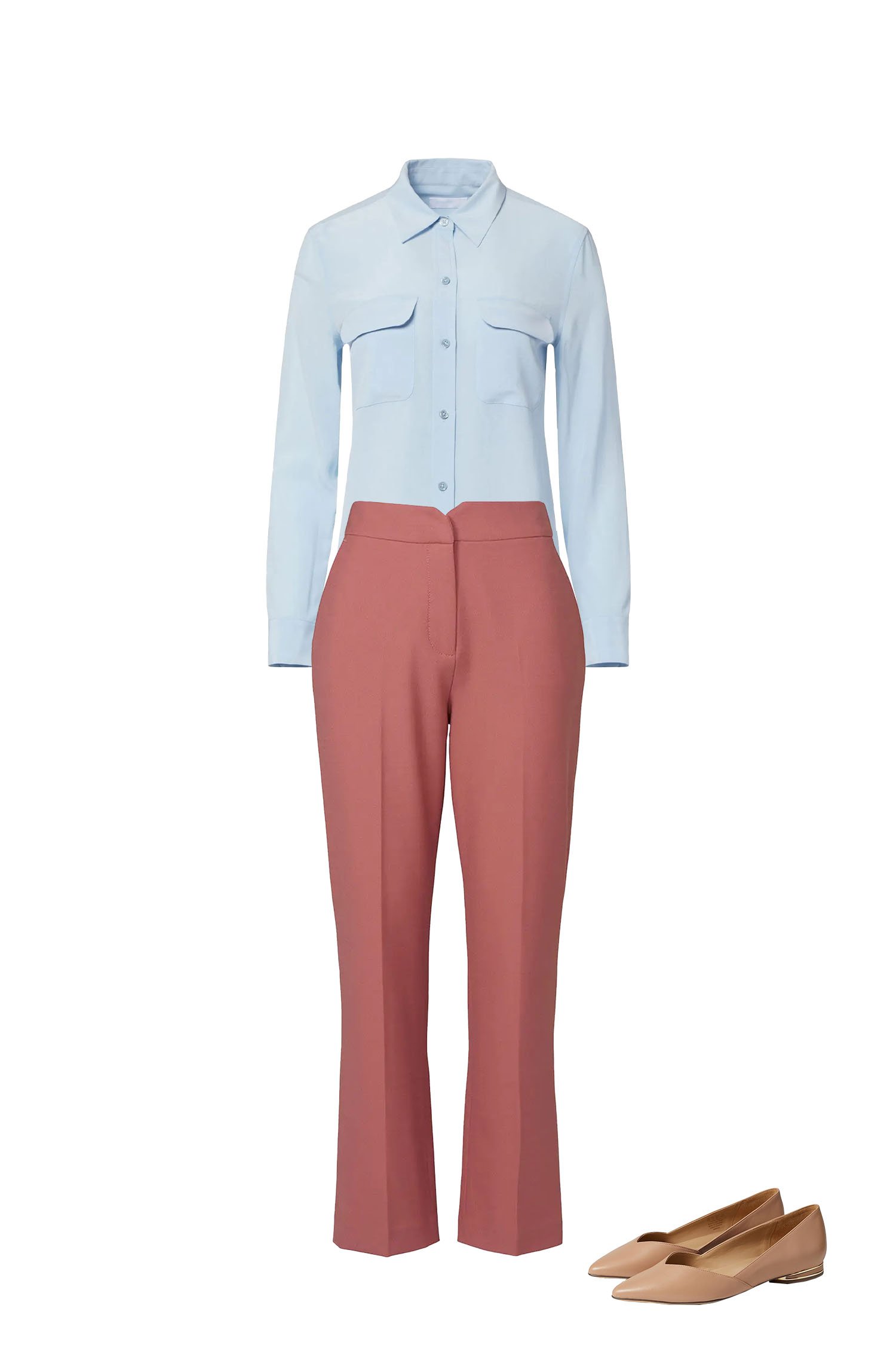 Spring Work Outfit - Rose Pink Ankle Pants, Light Blue Silk Shirt, Nude Pointy Toe Flats