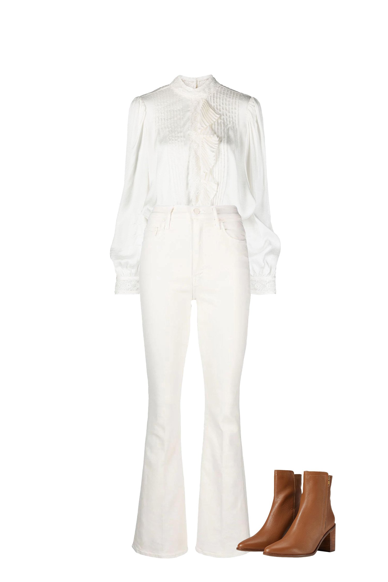 Pair High-Waisted White Flare Jeans with a White Lace and Ruffle Top, and Brown Stacked Heel Ankle Boots