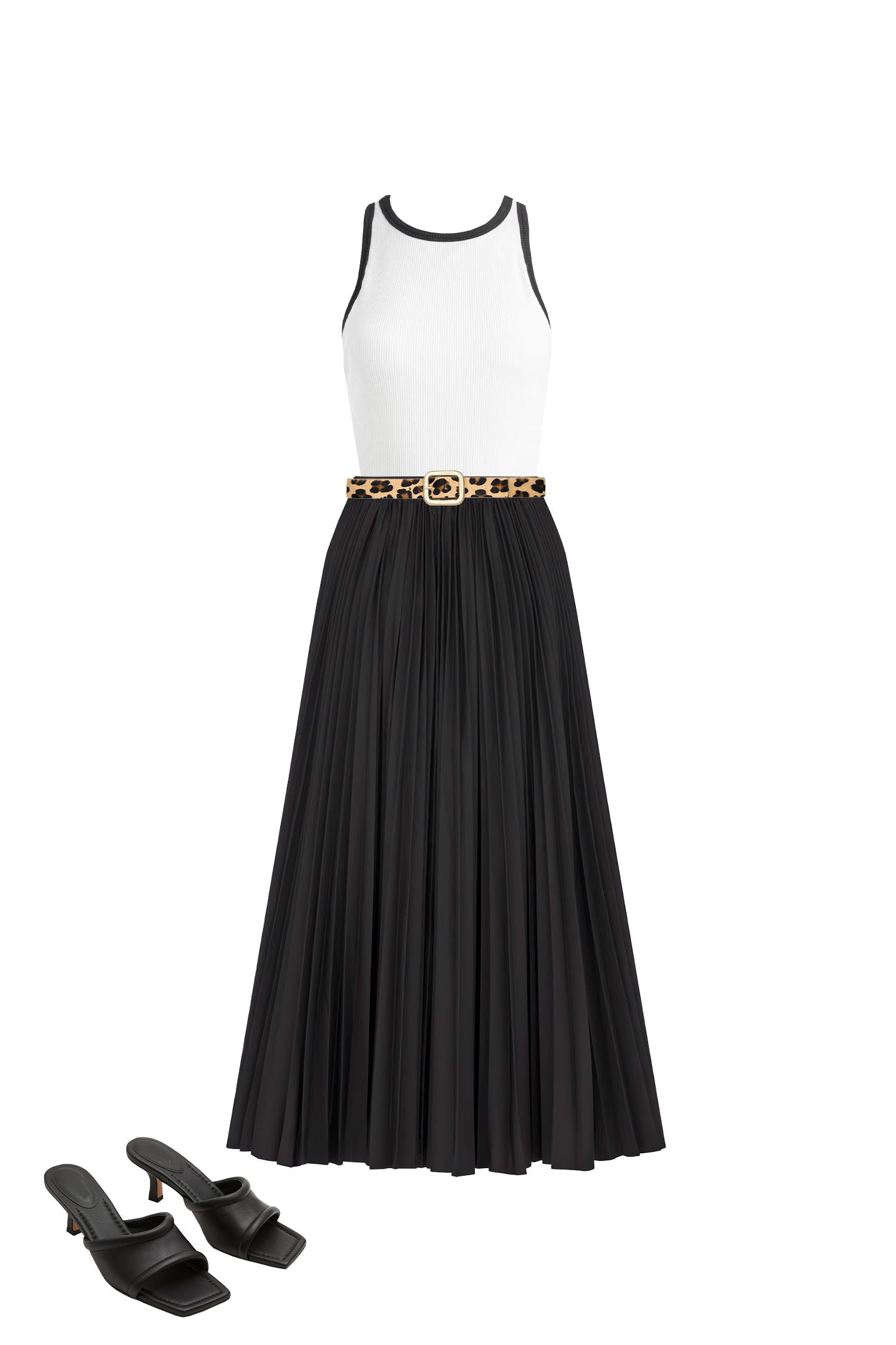 Black Pleated Skirt Outfit with Leopard Print Belt, White Tank Top with Black Trim, and Black Square Toe Heeled Sandals