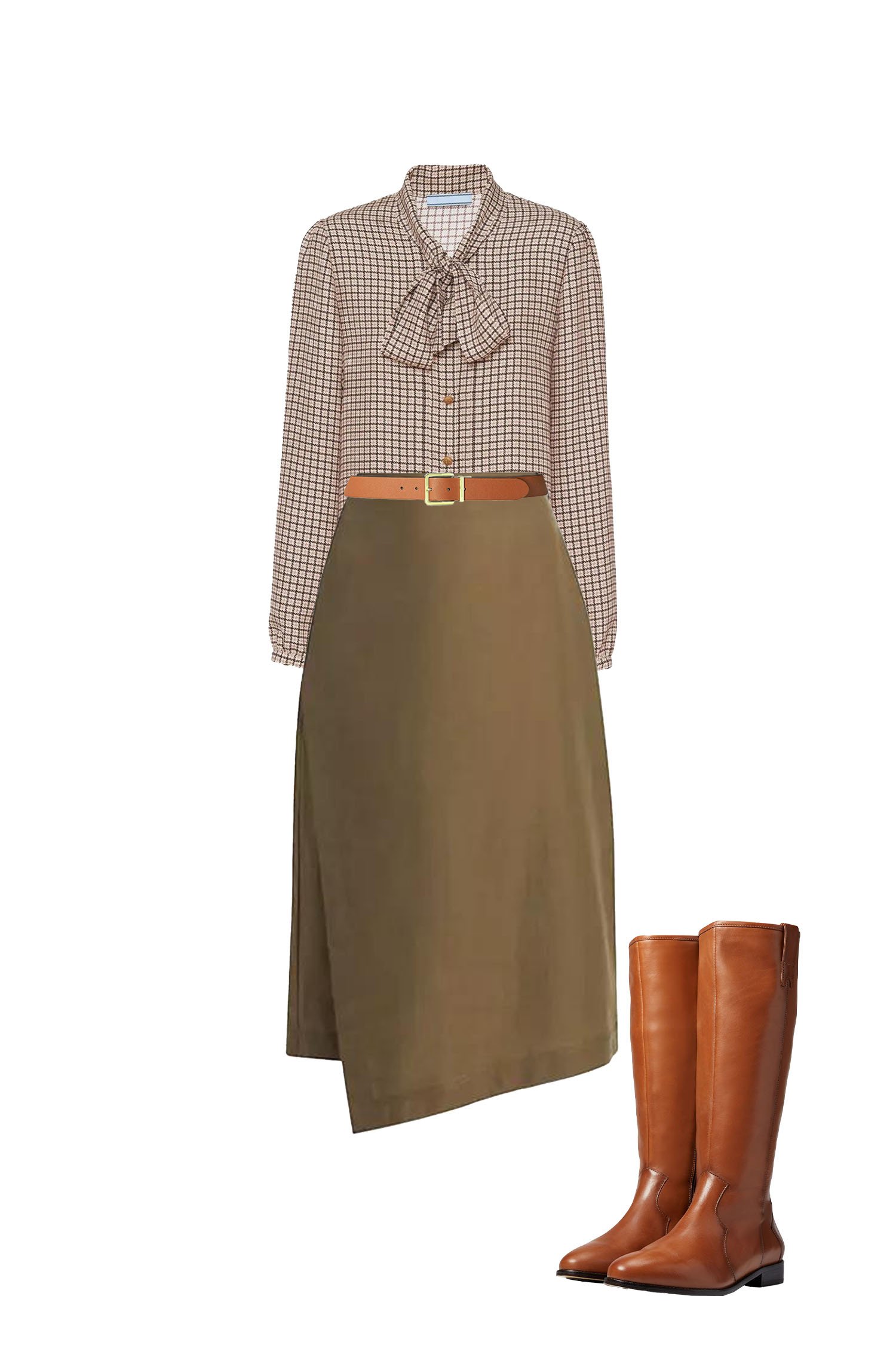 Business Casual Midi-Skirt Outfit - Olive Asymmetric Skirt, Brown Check Pussy-Bow Blouse, Brown Knee-High Flat Boots