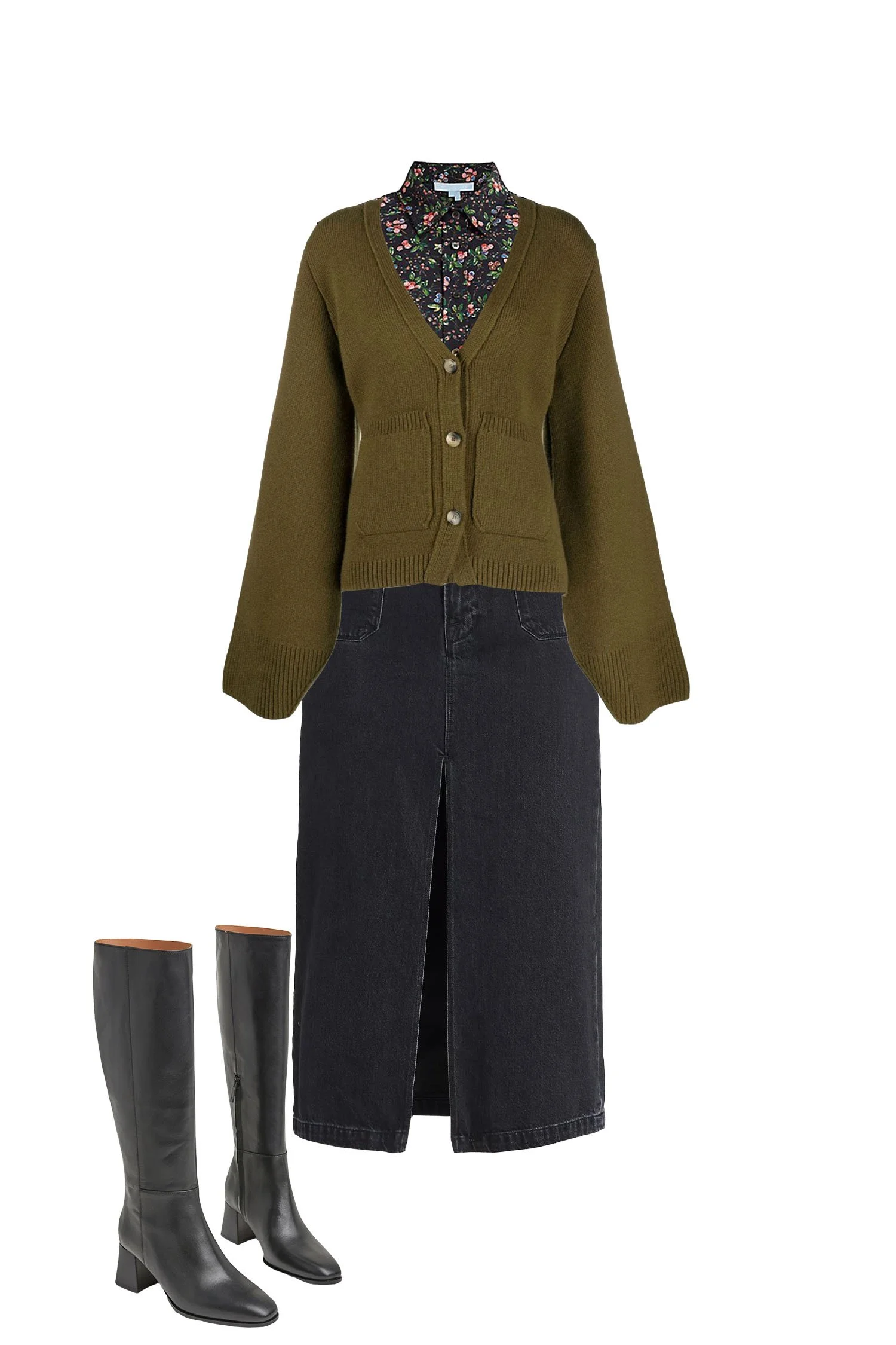 Cardigan and Skirt Outfit - Black Denim Midi Skirt, Black Floral Print Shirt, Olive Oversized Cardigan