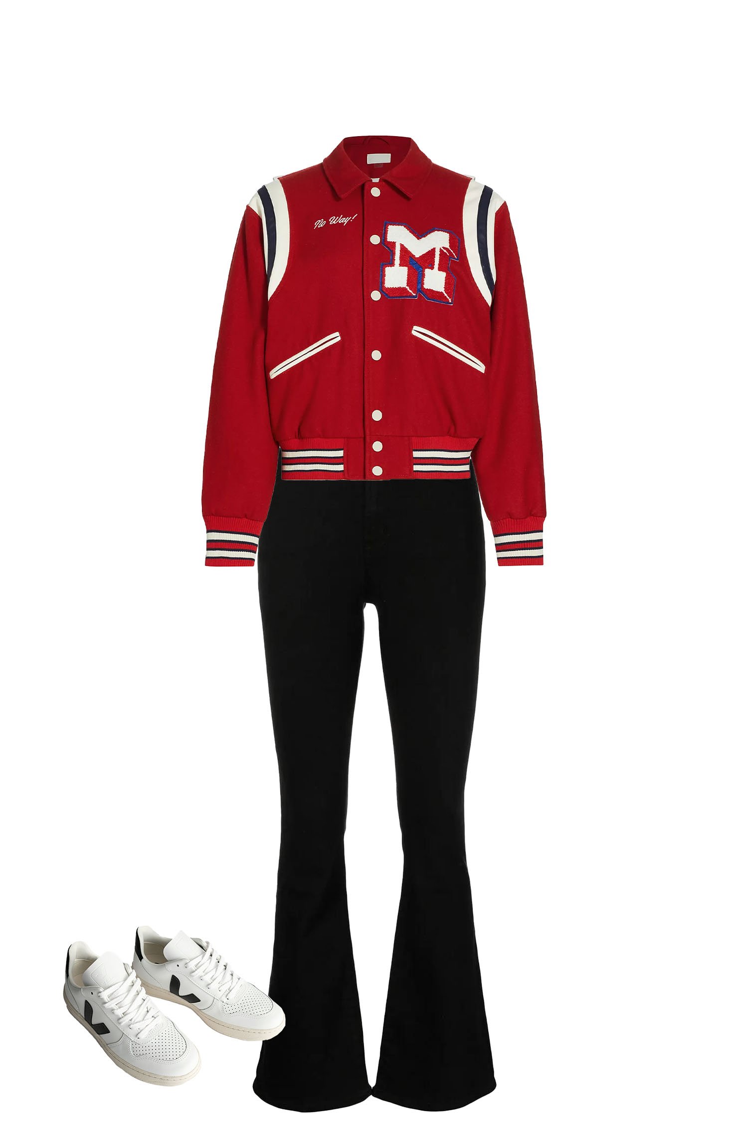 Pair Black Flare Jeans with a Red Varsity Jacket, and White Sneakers