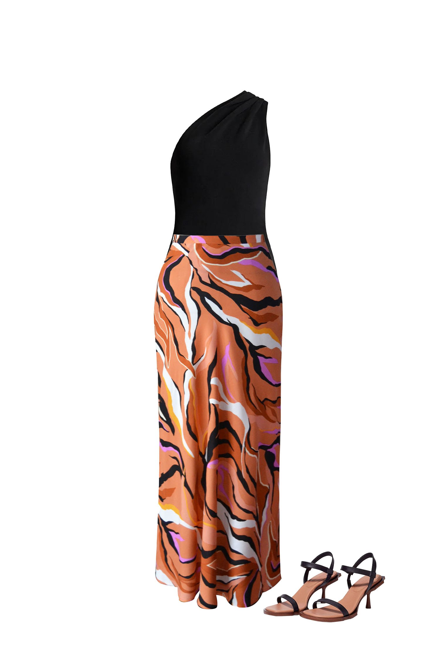 Multi-Color Tiger Print Maxi Skirt with Black One-Shoulder Top and Black Heeled Sandals