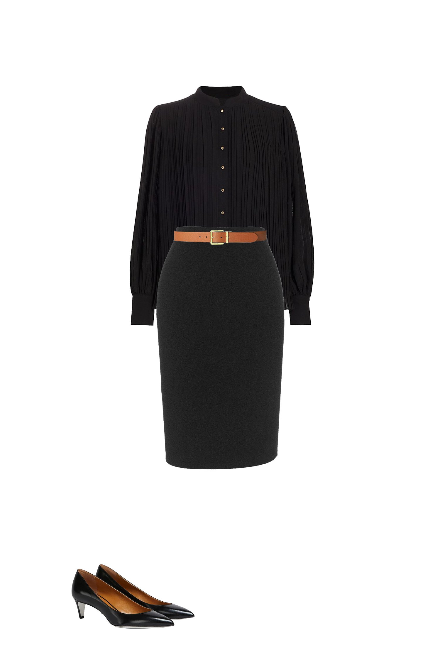 Black Pencil Skirt Outfit with Black Pleated Shirt, Brown Belt and Black Pumps