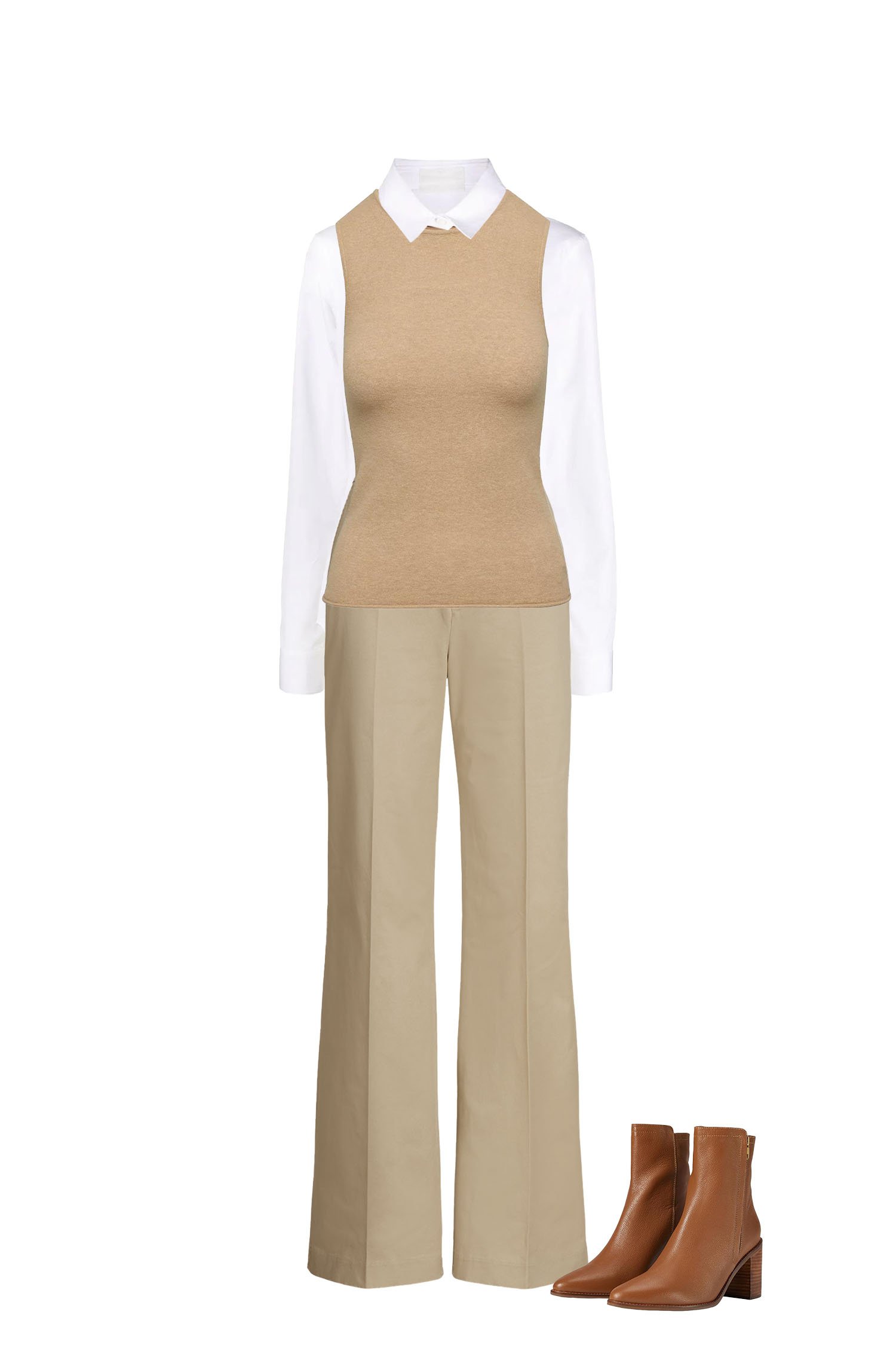 Business Casual Outfit - Tan Wide Leg High-Waisted Pants, White Shirt, Tan Sweater Vest, Brown Stacked Heel Ankle Boots